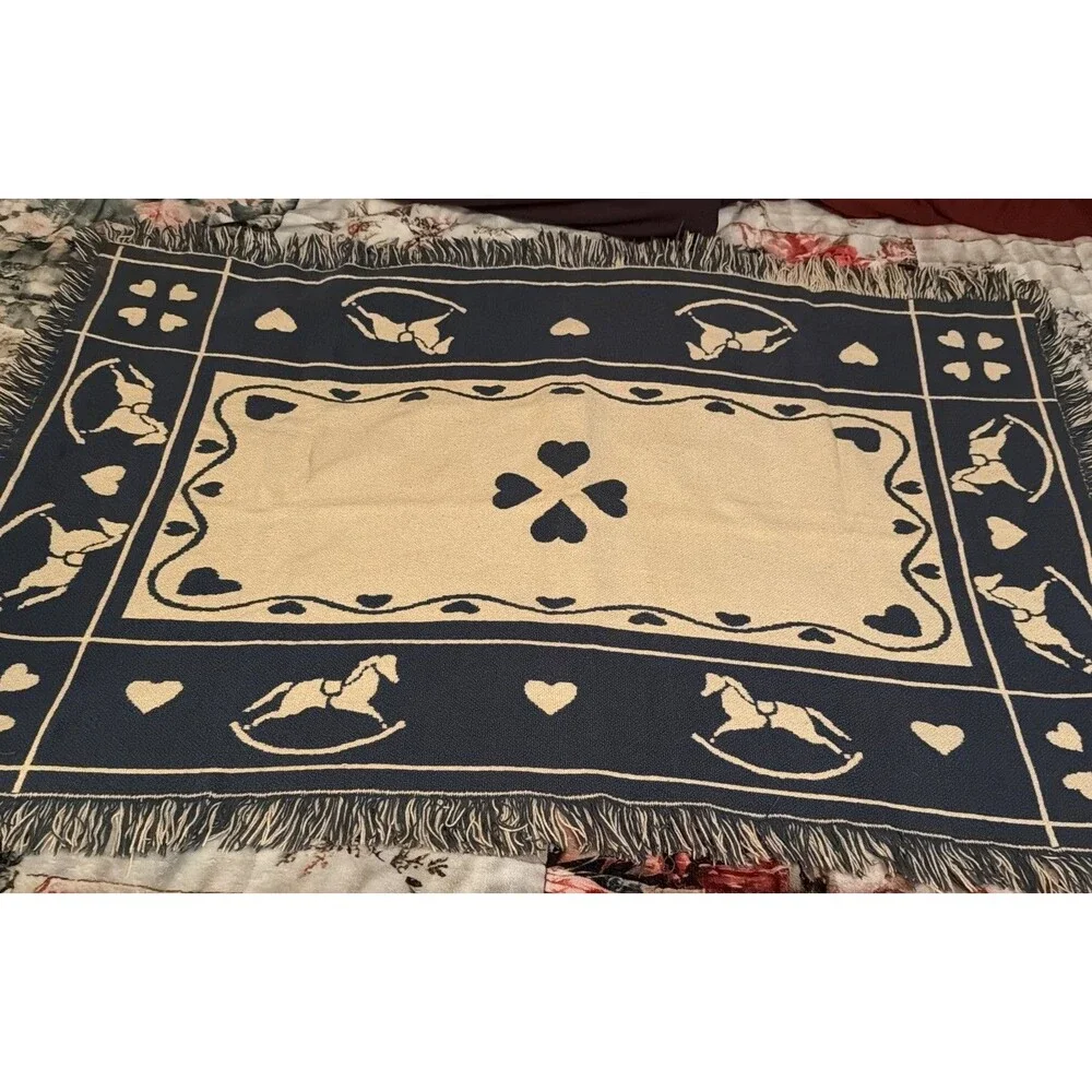 Vtg Goodwin Weavers Reversible Throw Blanket Tapestry Heart Horse 32x42 USA. GUC